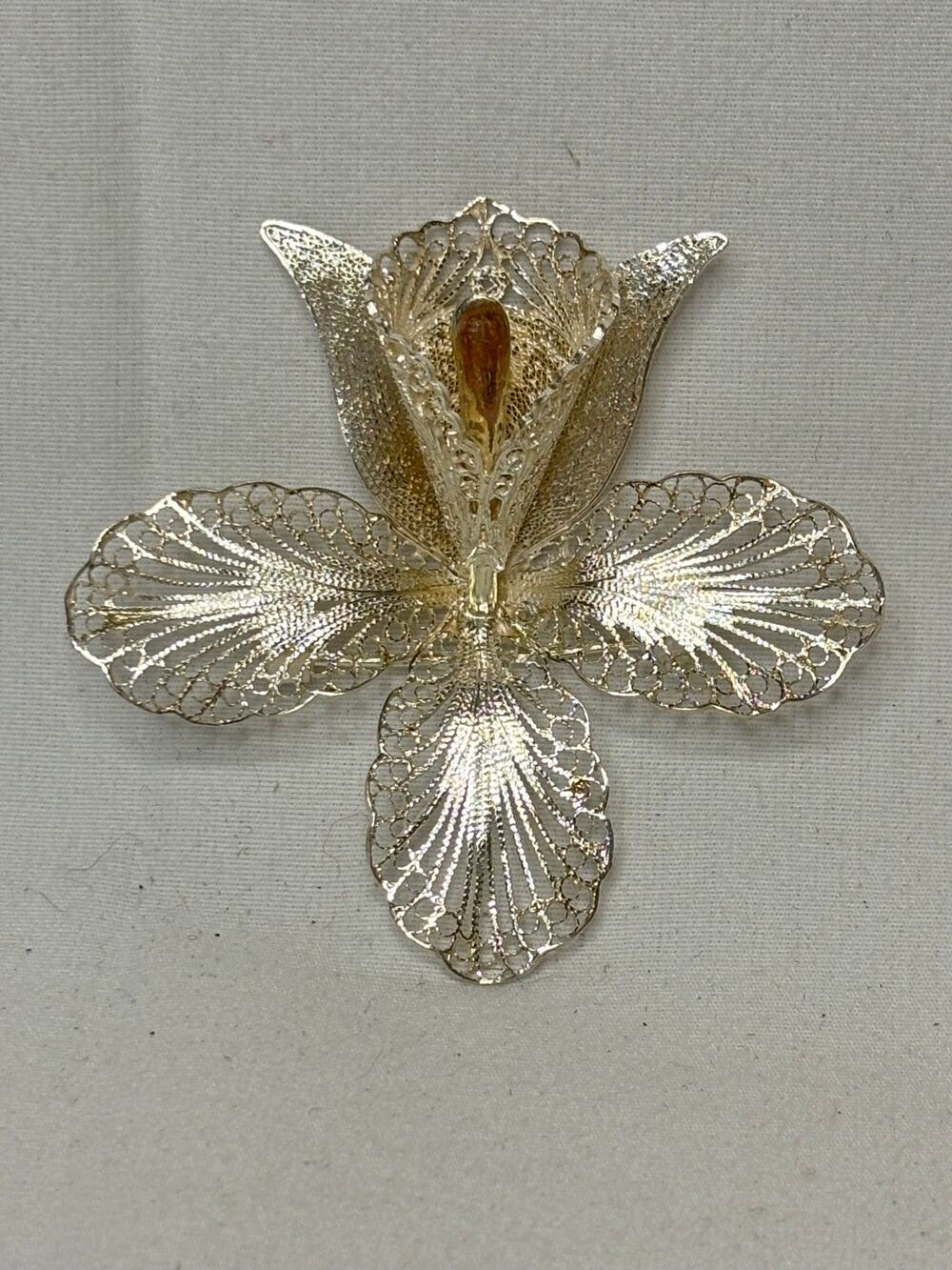 Vintage Sterling Orchid Filagree Brooch #6177